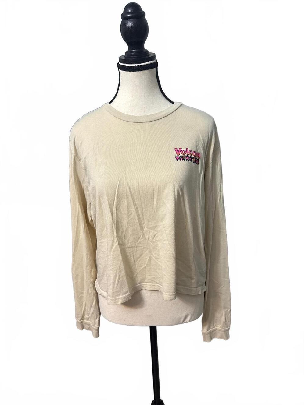 Volcom Stonefest Long Sleeve Cropped Graphic Tee Cream Beige